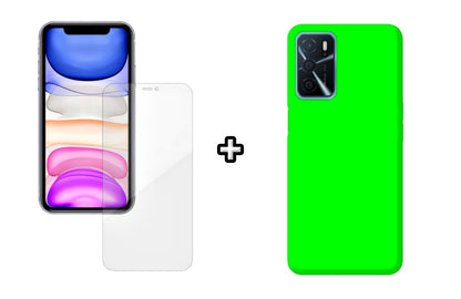 Set Husa Silicon plus Folie din silicon Case Friendly compatibila cu OPPO A16, verde neon, protectie 360