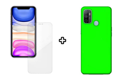Set Husa Silicon plus Folie din silicon Case Friendly compatibila cu OPPO A53, verde neon, protectie 360