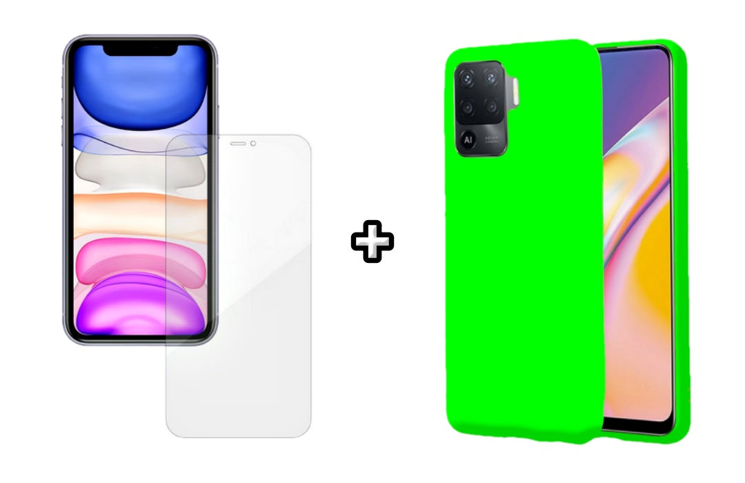 Set Husa Silicon plus Folie din silicon Case Friendly compatibila cu OPPO Reno5 Lite, verde neon, protectie 360