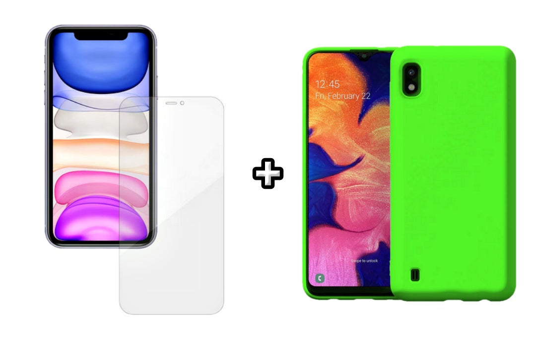 Set Husa Silicon plus Folie din silicon Case Friendly compatibila cu Samsung Galaxy A10, verde neon, protectie 360