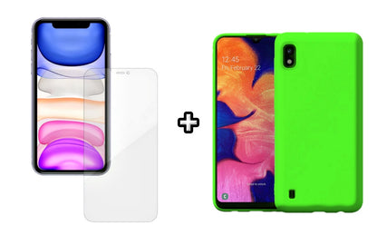Set Husa Silicon plus Folie din silicon Case Friendly compatibila cu Samsung Galaxy A10, verde neon, protectie 360