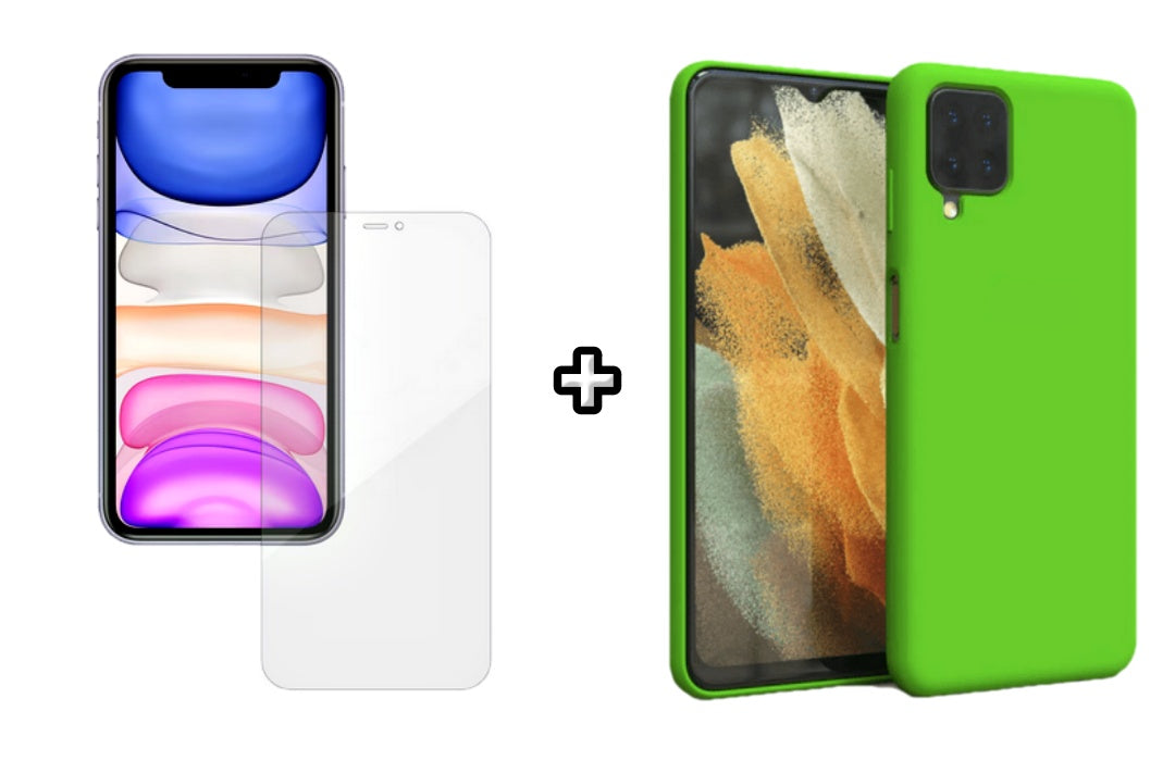Set Husa Silicon plus Folie din silicon Case Friendly compatibila cu Samsung Galaxy A12, verde neon, protectie 360