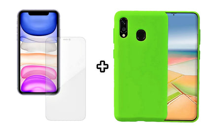 Set Husa Silicon plus Folie din silicon Case Friendly compatibila cu Samsung Galaxy A20E, verde neon, protectie 360
