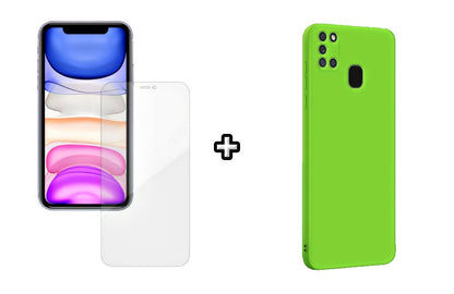 Set Husa Silicon plus Folie din silicon Case Friendly compatibila cu Samsung Galaxy A21s, verde neon, protectie 360