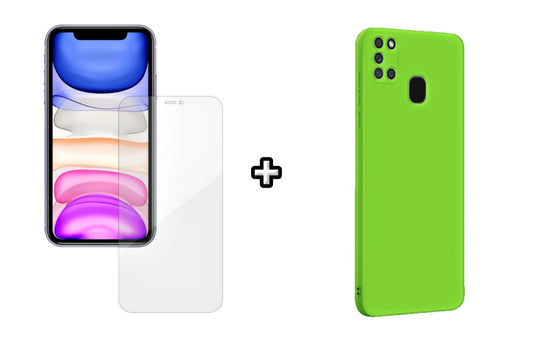 Set Husa Silicon plus Folie din silicon Case Friendly compatibila cu Samsung Galaxy A21s, verde neon, protectie 360