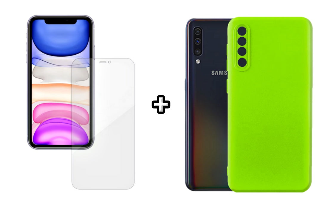 Set Husa Silicon plus Folie din silicon Case Friendly compatibila cu Samsung Galaxy A50, verde neon, protectie 360