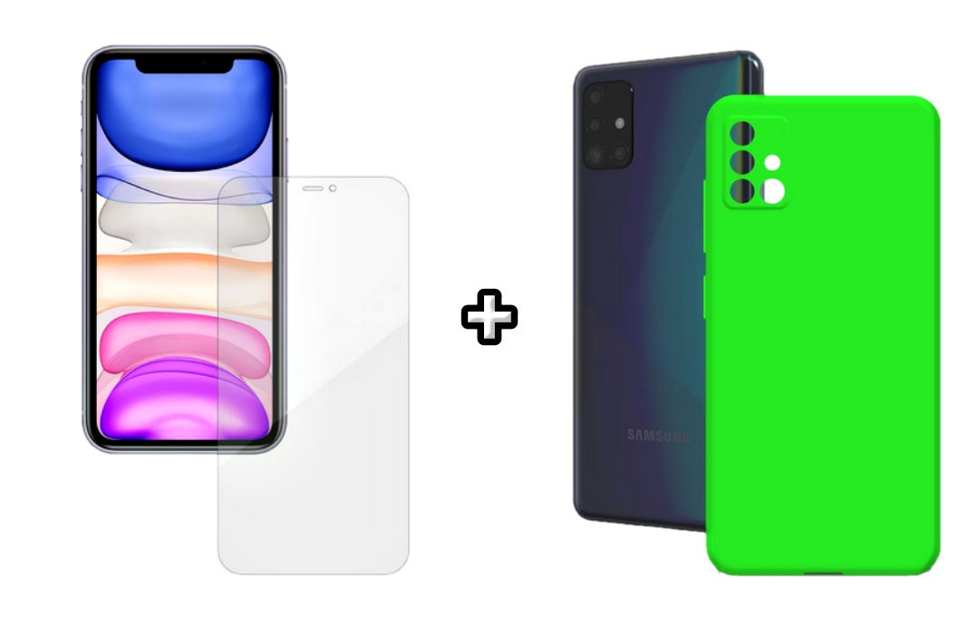 Set Husa Silicon plus Folie din silicon Case Friendly compatibila cu Samsung Galaxy A51, verde neon, protectie 360