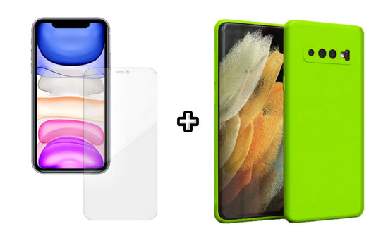 Set Husa Silicon plus Folie din silicon Case Friendly compatibila cu Samsung Galaxy S10, verde neon, protectie 360