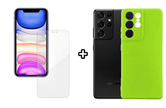 Set Husa Silicon plus Folie din silicon Case Friendly compatibila cu Samsung Galaxy S23 Ultra, verde neon, protectie 360