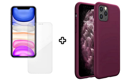 Set Husa Silicon + Folie din silicon Case Friendly compatibila cu Apple iPhone 11 Pro, visinie, protectie 360