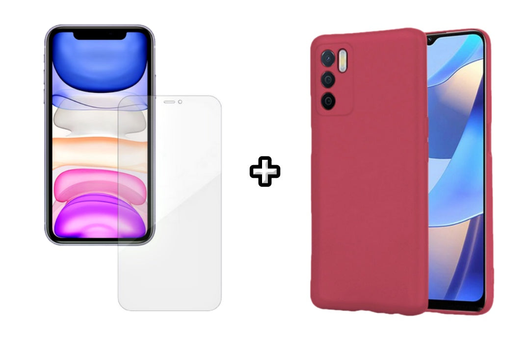 Set Husa Silicon plus Folie din silicon Case Friendly compatibila cu OPPO A16, visinie, protectie 360