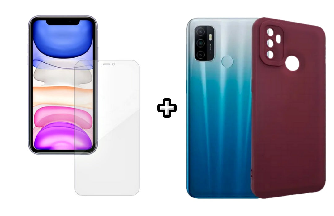 Set Husa Silicon plus Folie din silicon Case Friendly compatibila cu OPPO A53, visinie, protectie 360