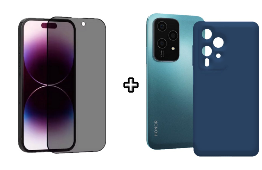 Set Husa Silicon plus Folie din sticla Privacy compatibila cu Honor 200 Lite, albastra, protectie 360