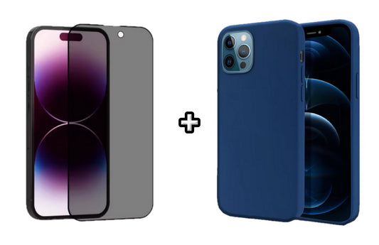 Set Husa Silicon + Folie din sticla Privacy compatibila cu Apple iPhone 11 Pro Max, albastra, protectie 360