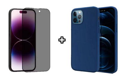 Set Husa Silicon + Folie din sticla Privacy compatibila cu Apple iPhone 12 Pro Max, albastra, protectie 360