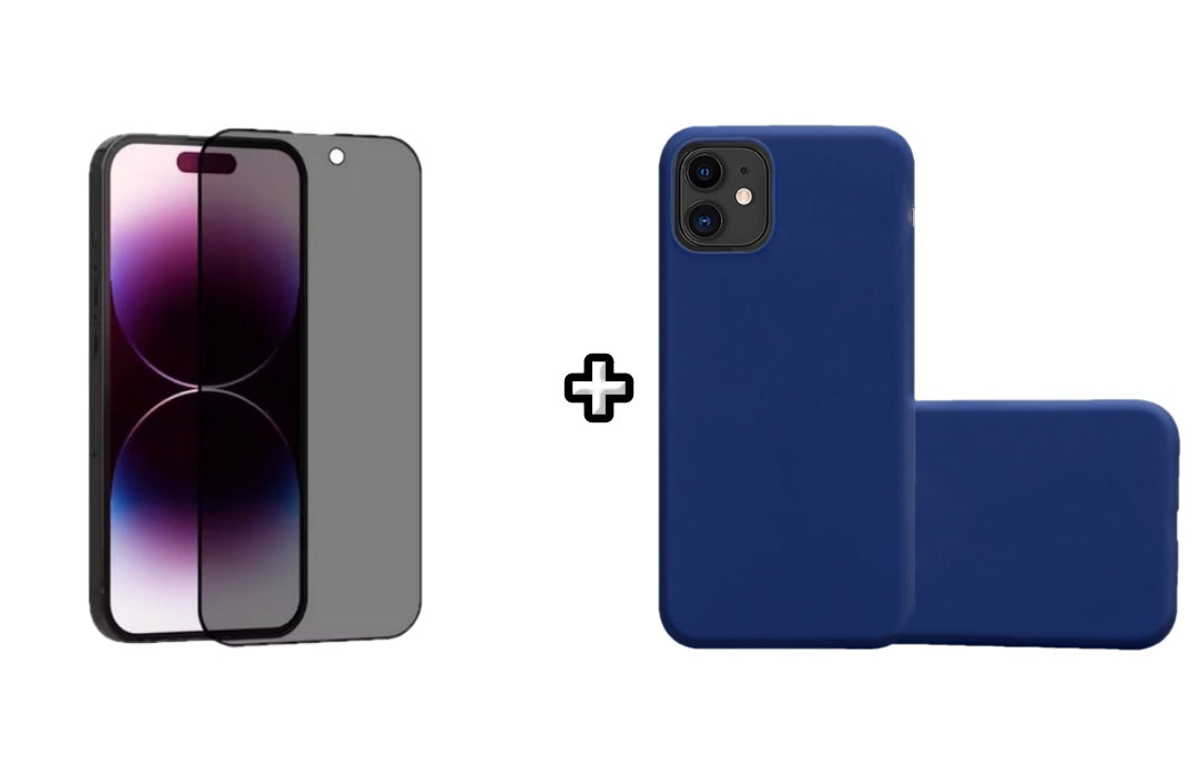 Set Husa Silicon + Folie din sticla Privacy compatibila cu Apple iPhone 11, albastra, protectie 360