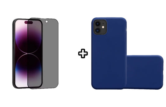 Set Husa Silicon + Folie din sticla Privacy compatibila cu Apple iPhone 12 Mini, albastra, protectie 360