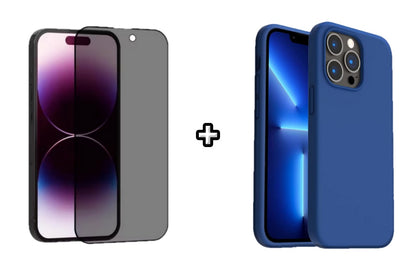 Set Husa Silicon + Folie din sticla Privacy compatibila cu Apple iPhone 14 Pro, albastru, protectie 360