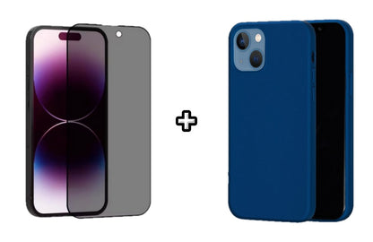 Set Husa Silicon + Folie din sticla Privacy compatibila cu Apple iPhone 15 Plus, albastru, protectie 360