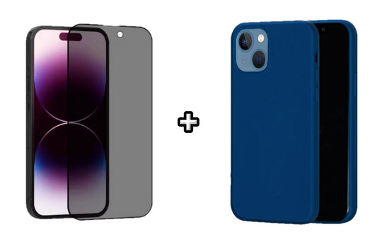 Set Husa Silicon + Folie din sticla Privacy compatibila cu Apple iPhone 15, albastru, protectie 360
