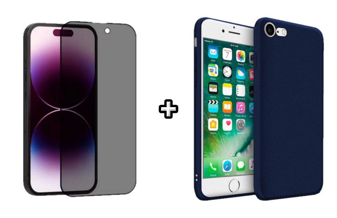 Set Husa Silicon + Folie din sticla Privacy compatibila cu Apple iPhone 7, albastra, protectie 360