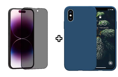 Set Husa Silicon + Folie din sticla Privacy compatibila cu Apple iPhone XS Max, albastra, protectie 360