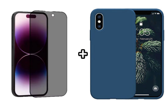 Set Husa Silicon + Folie din sticla Privacy compatibila cu Apple iPhone XS Max, albastra, protectie 360