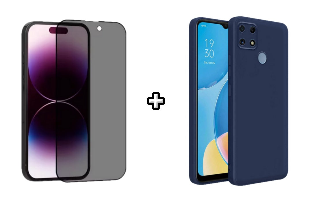 Set Husa Silicon plus Folie din sticla Privacy compatibila cu OPPO A15, albastra, protectie 360