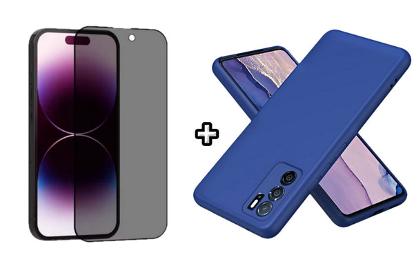 Set Husa Silicon plus Folie din sticla Privacy compatibila cu OPPO A16, albastra, protectie 360