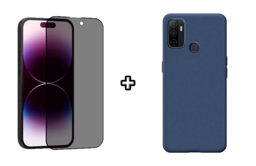 Set Husa Silicon plus Folie din sticla Privacy compatibila cu OPPO A33 4G, albastra, protectie 360