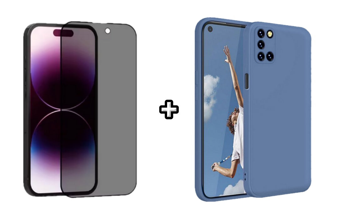 Set Husa Silicon plus Folie din sticla Privacy compatibila cu OPPO A72, albastra, protectie 360
