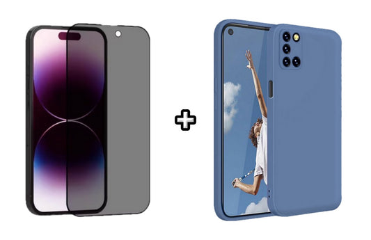 Set Husa Silicon plus Folie din sticla Privacy compatibila cu OPPO A52, albastra, protectie 360