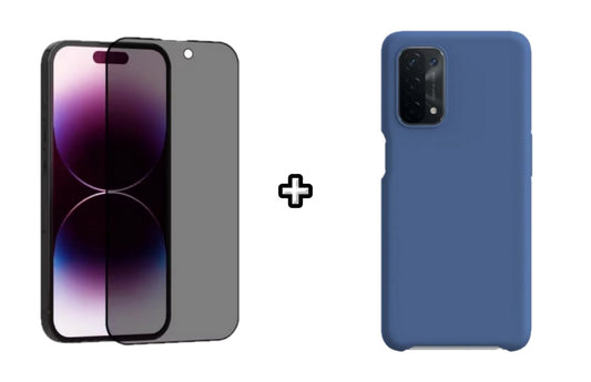 Set Husa Silicon plus Folie din sticla Privacy compatibila cu OPPO A74 4G, albastra, protectie 360