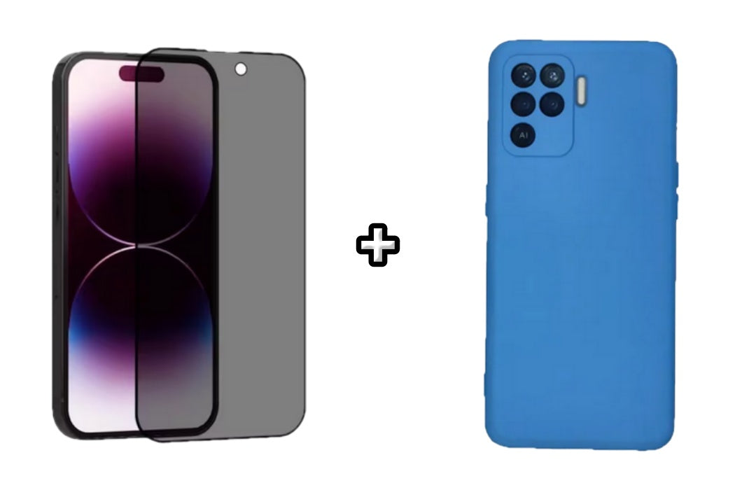 Set Husa Silicon plus Folie din sticla Privacy compatibila cu OPPO Reno5 Lite, albastra, protectie 360
