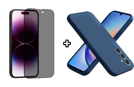 Set Husa Silicon plus Folie din sticla Privacy compatibila cu Samsung Galaxy A25, albastra, protectie 360