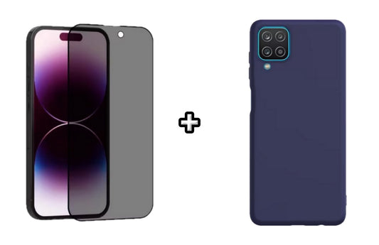 Set Husa Silicon plus Folie din sticla Privacy compatibila cu Samsung Galaxy A22 4G, albastra, protectie 360