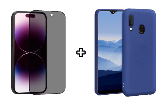 Set Husa Silicon plus Folie din sticla Privacy compatibila cu Samsung Galaxy A20E, albastra, protectie 360