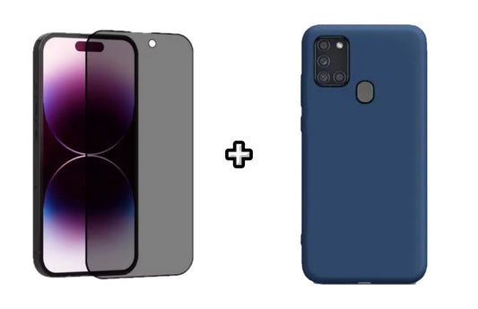 Set Husa Silicon plus Folie din sticla Privacy compatibila cu Samsung Galaxy A21s, albastra, protectie 360