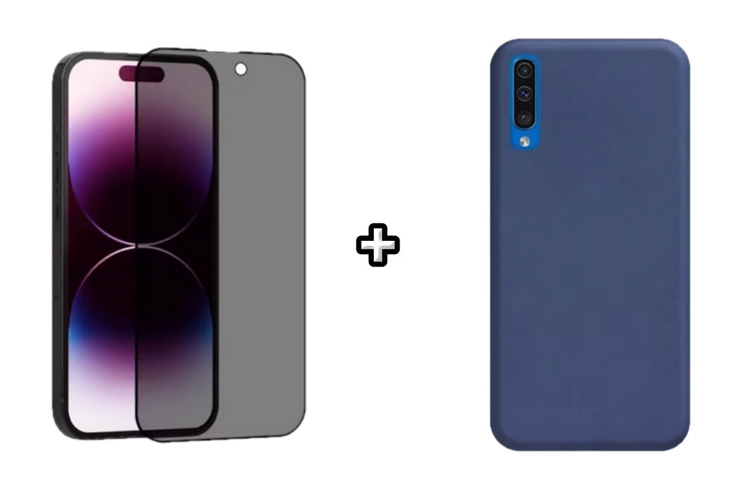 Set Husa Silicon plus Folie din sticla Privacy compatibila cu Samsung Galaxy A50, albastra, protectie 360