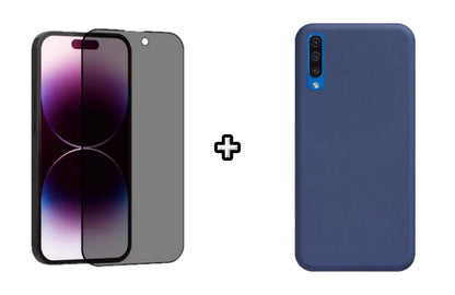 Set Husa Silicon plus Folie din sticla Privacy compatibila cu Samsung Galaxy A50, albastra, protectie 360