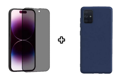 Set Husa Silicon plus Folie din sticla Privacy compatibila cu Samsung Galaxy A71 5G, albastra, protectie 360