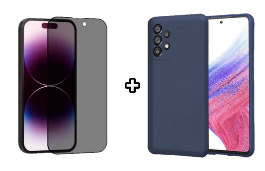 Set Husa Silicon plus Folie din sticla Privacy compatibila cu Samsung Galaxy A23, albastra, protectie 360