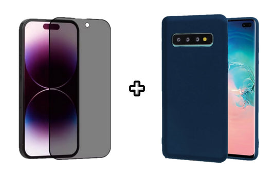 Set Husa Silicon plus Folie din sticla Privacy compatibila cu Samsung Galaxy S10 Plus, albastra, protectie 360