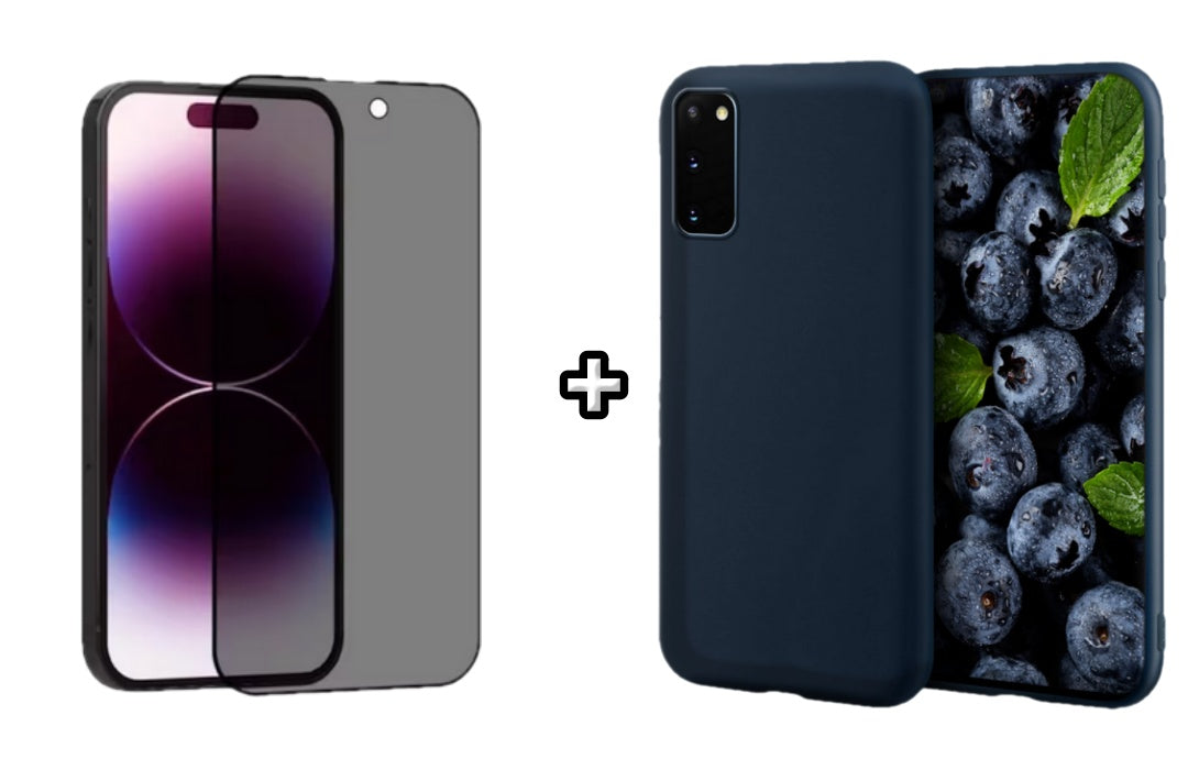Set Husa Silicon plus Folie din sticla Privacy compatibila cu Samsung Galaxy S20 FE, albastra, protectie 360