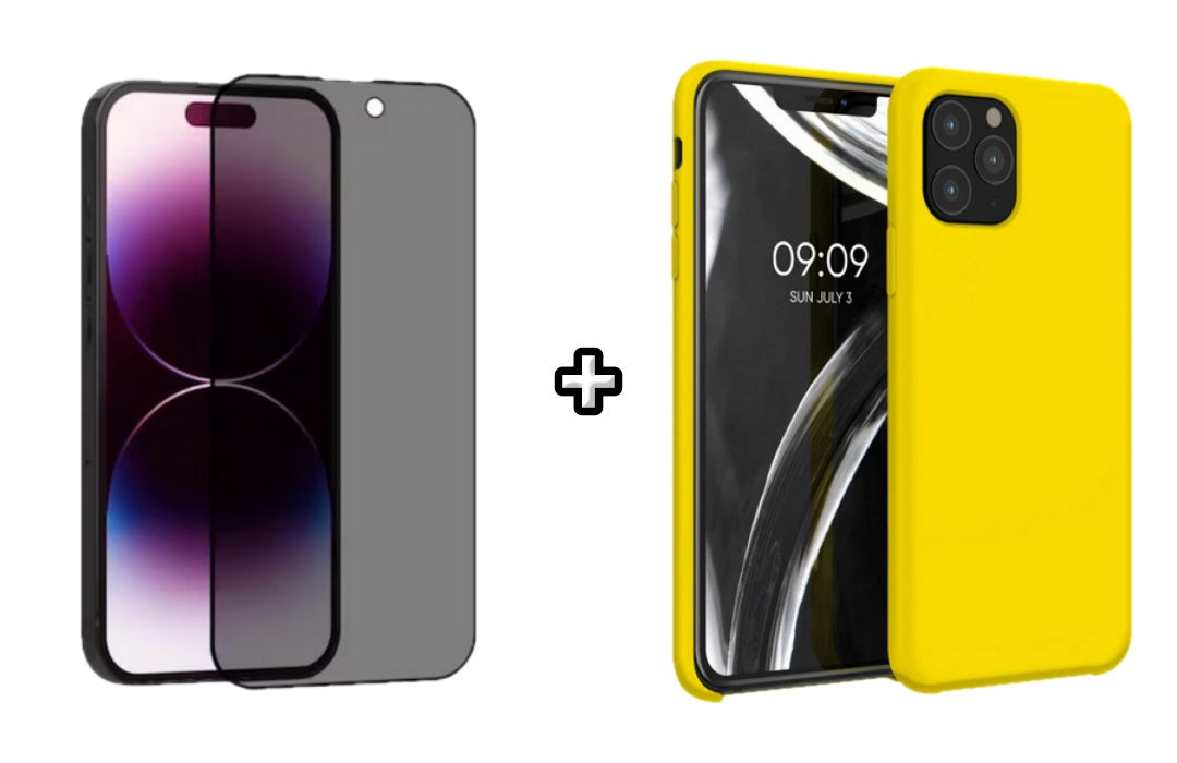 Set Husa Silicon + Folie din sticla Privacy compatibila cu Apple iPhone 11 Pro, galbena, protectie 360