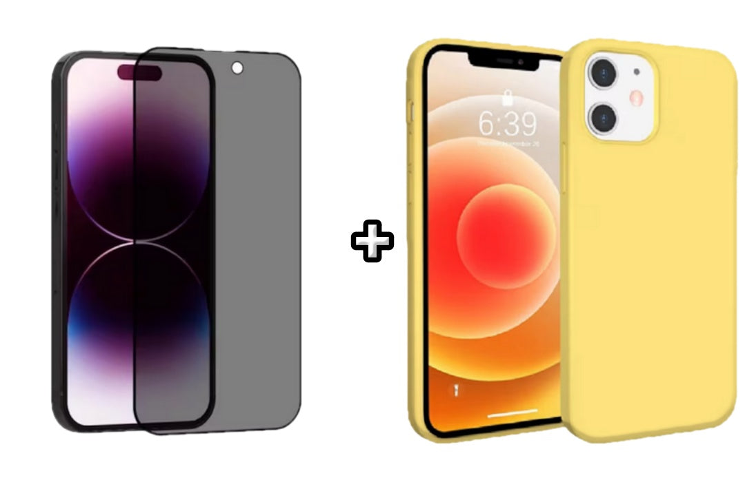 Set Husa Silicon + Folie din sticla Privacy compatibila cu Apple iPhone 12 Mini, galbena, protectie 360