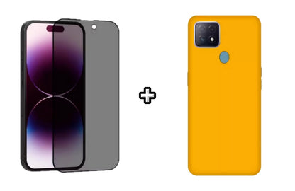 Set Husa Silicon plus Folie din sticla Privacy compatibila cu OPPO A15, galbena, protectie 360