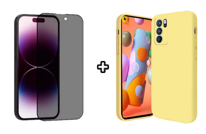 Set Husa Silicon plus Folie din sticla Privacy compatibila cu OPPO A16, galbena, protectie 360
