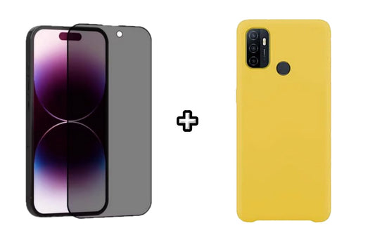 Set Husa Silicon plus Folie din sticla Privacy compatibila cu OPPO A33 4G, galbena, protectie 360
