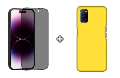Set Husa Silicon plus Folie din sticla Privacy compatibila cu OPPO A52, galbena, protectie 360